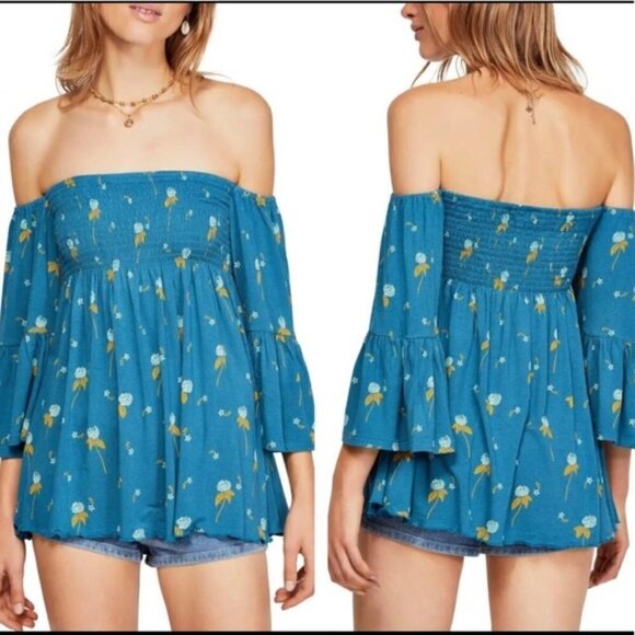 NWT Free People Blue Lana Off the Shoulder Smocked Babydoll Top Size Small S - Picture 2 of 8